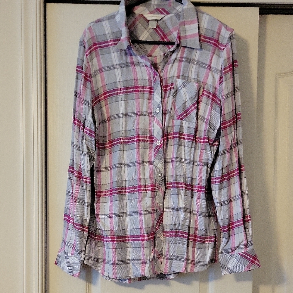 Christopher & Banks Pink and Gray Plaid Button Down Shirt